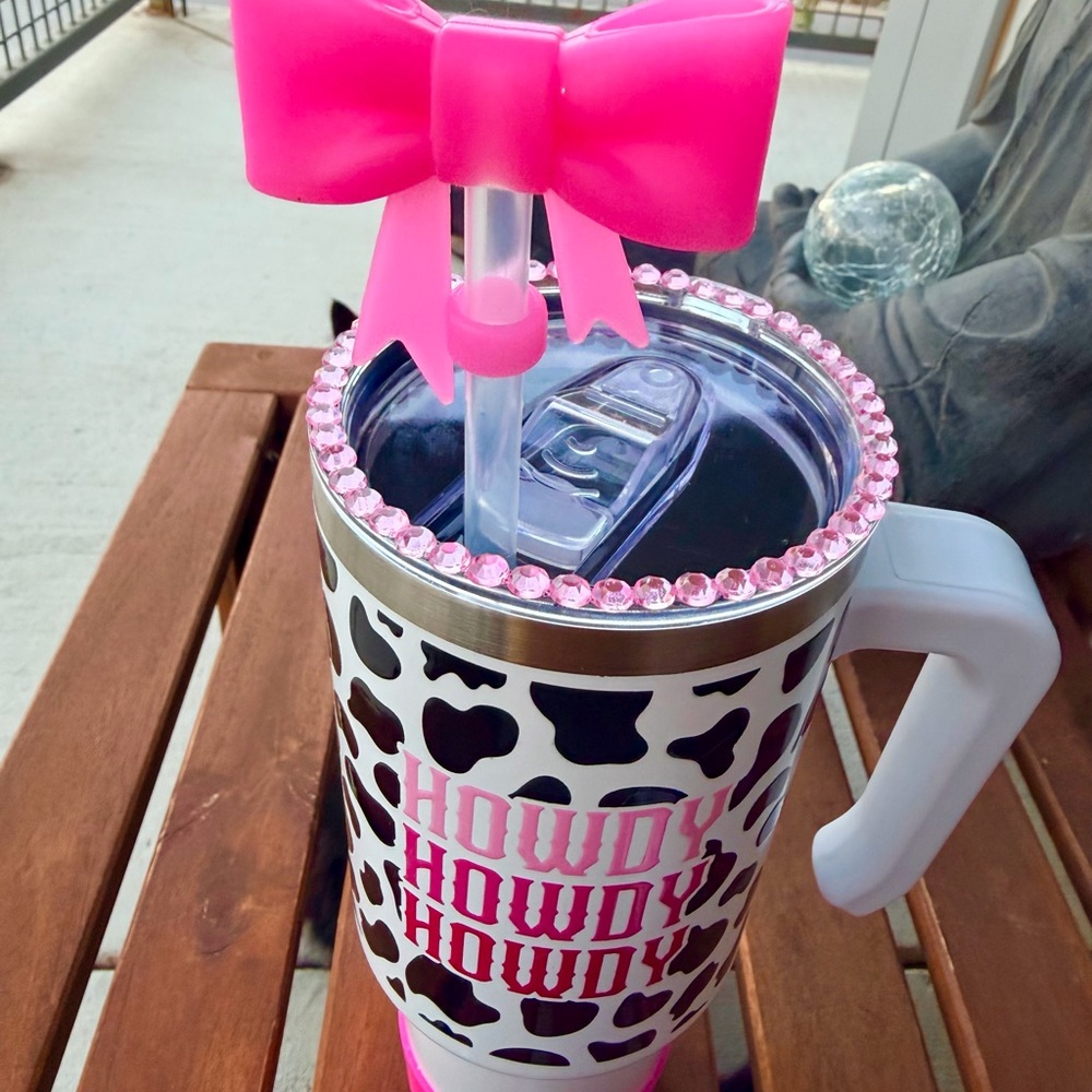 Howdy Cow Print Tumbler with Pink Bow Straw